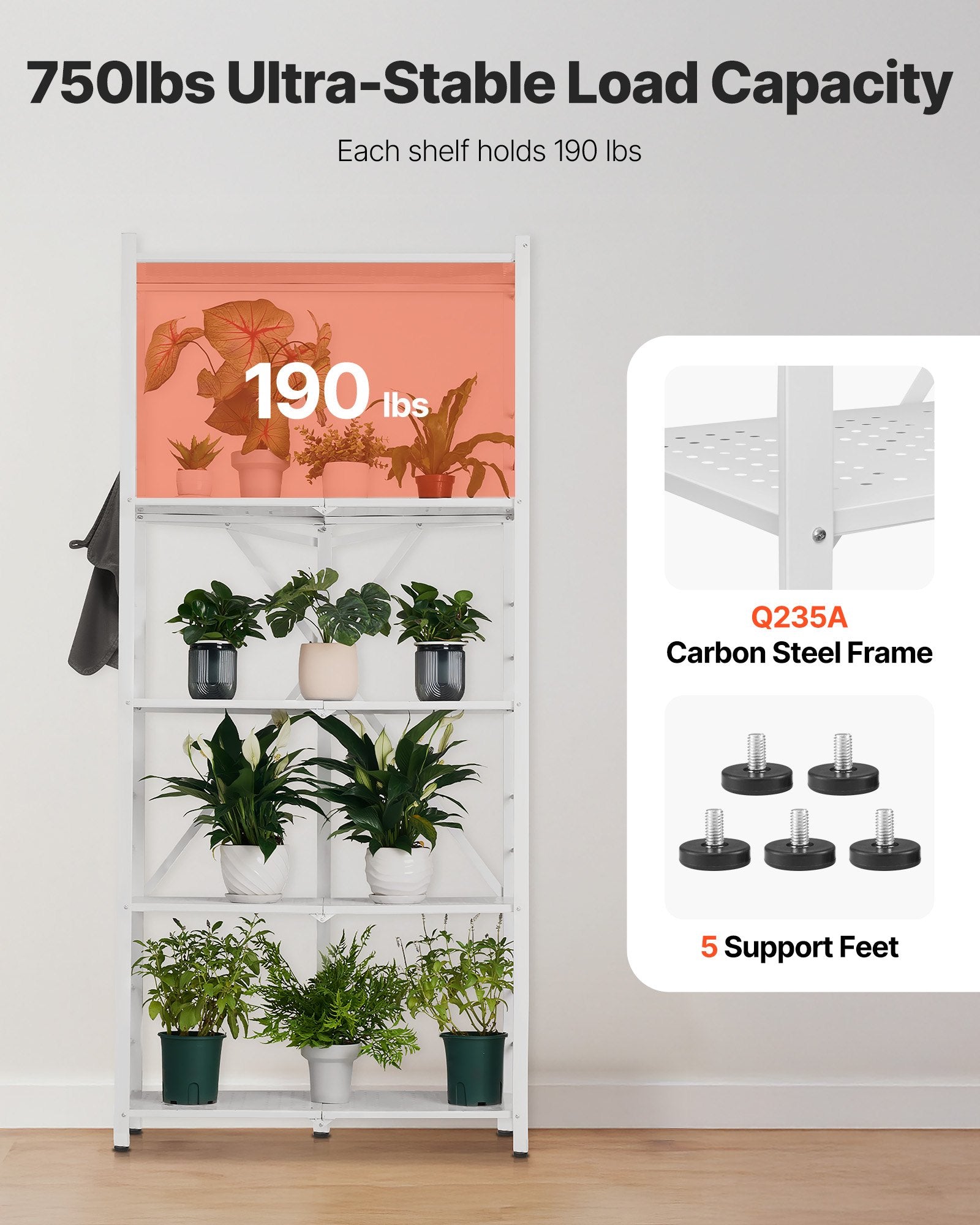 5-Tier Foldable Storage Shelf, 32W X 14D X 72H Inch Folding Metal Rack Shelving Unit, No Assembly Organizer Shelf With 5 Wheels & 4 Hooks For Pantry, Kitchen, Garage, Basement, White