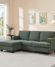 86'' L Shaped Couch With Armrest Organizer,3 Seats Sofas With Movable Ottoman,Comfy Sectional Sofa With Thick Cushion,Linen Sectional Couches For Living Room,Bedroom,Apartment,Dark Green