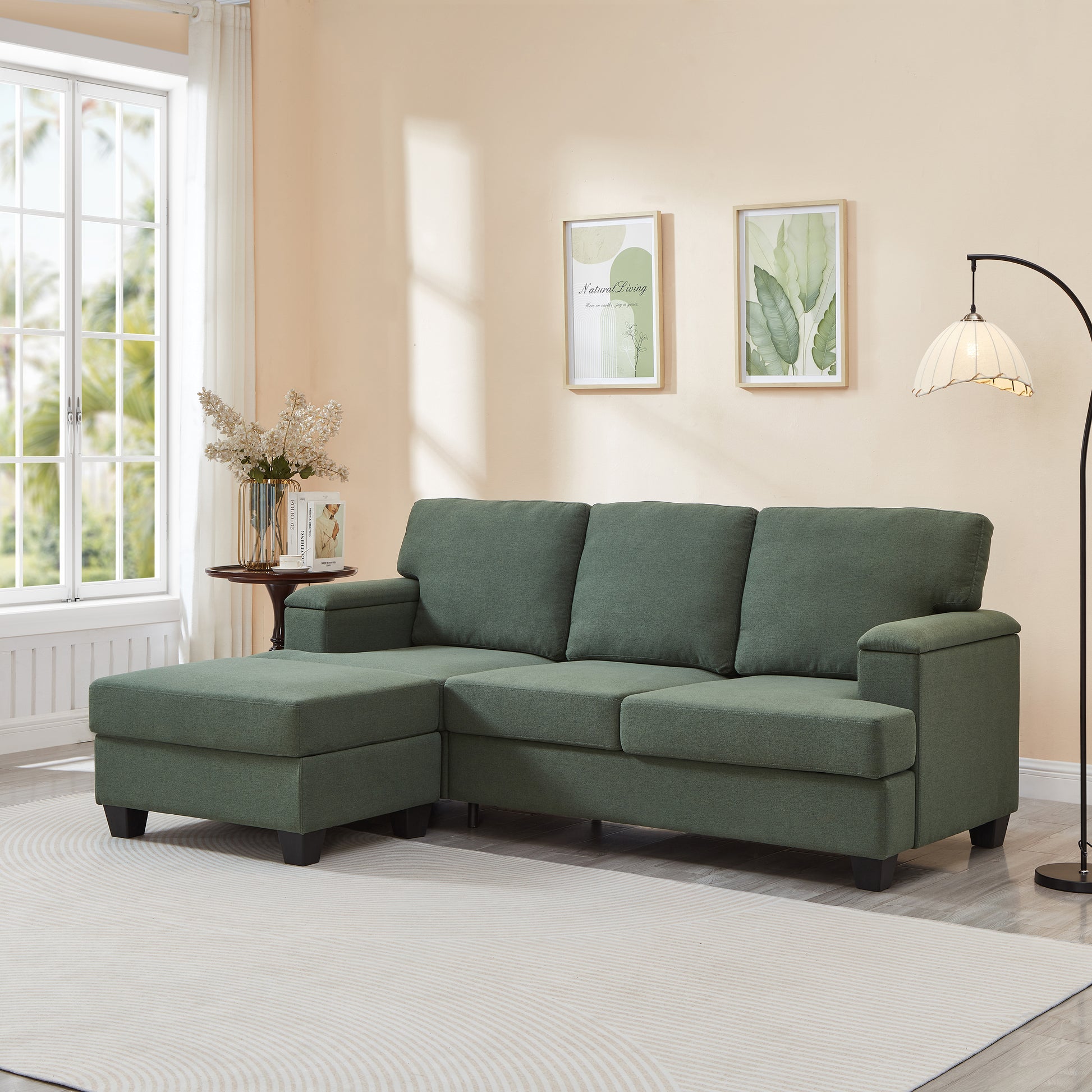 86'' L Shaped Couch With Armrest Organizer,3 Seats Sofas With Movable Ottoman,Comfy Sectional Sofa With Thick Cushion,Linen Sectional Couches For Living Room,Bedroom,Apartment,Dark Green