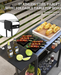 2-Tier Shelf Outdoor Bar Cart, Stainless Steel Tabletop Patio Serving Cart with Accessories for Poolside, Garden, Black