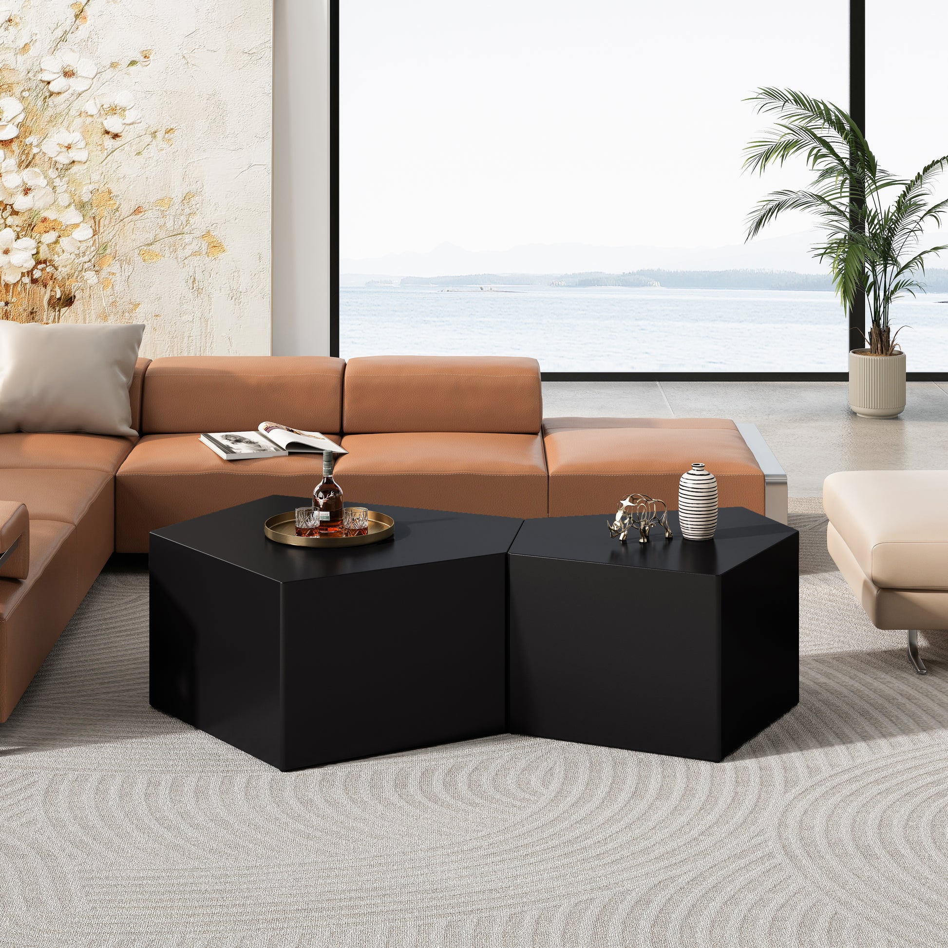 Irregular Pentagon Nesting Coffee Table Set, Geometric Coffee Table Set, Side Table Set, Cocktail Table Set, Center Table Set For Living Room, Bedroom, Black Set Of 2 Pieces