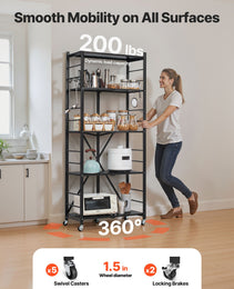 5-Tier Foldable Storage Shelf, 28W X 13D X 66H Inch Folding Metal Rack Shelving Unit, No Assembly Organizer Shelf With 5 Wheels & 4 Hooks For Pantry, Kitchen, Garage, Basement, Black