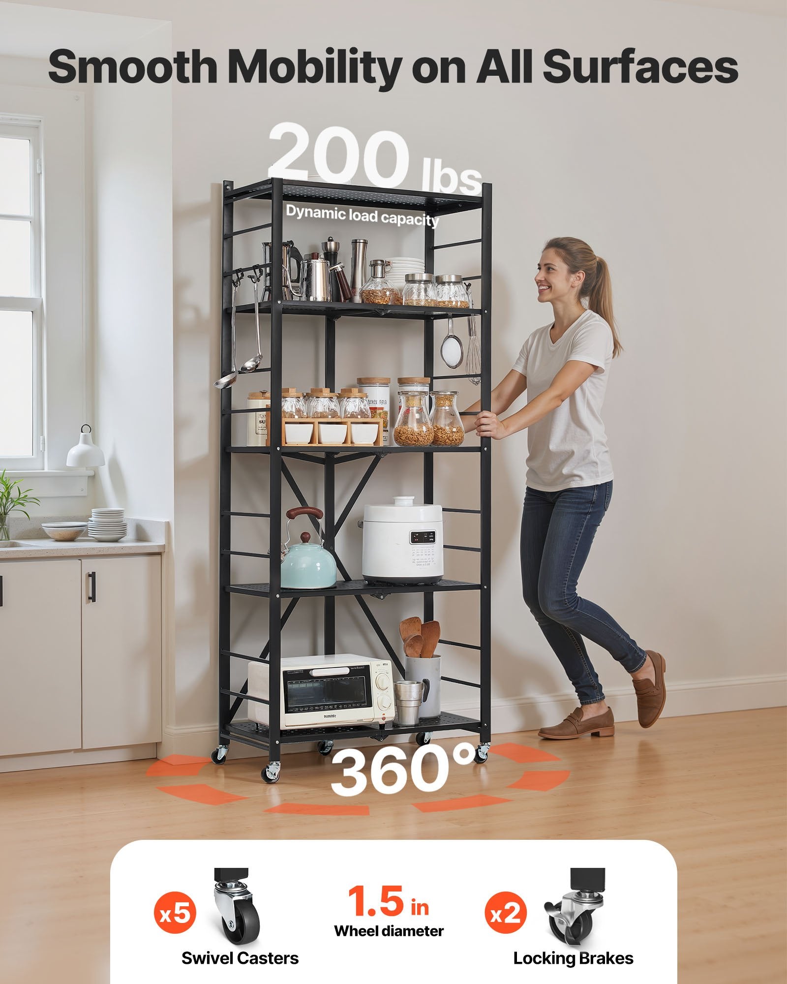 5-Tier Foldable Storage Shelf, 28W X 13D X 66H Inch Folding Metal Rack Shelving Unit, No Assembly Organizer Shelf With 5 Wheels & 4 Hooks For Pantry, Kitchen, Garage, Basement, Black