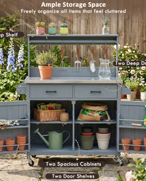 K&K 54.1  Outdoor Kitchen Island With High Shelf, Large Outdoor Potting Bench Table With Stainless Steel Top And Storage Cabinet, Solid Wood Grill Cart With Lockable Wheels For BBQ, Garden, Grey Blue