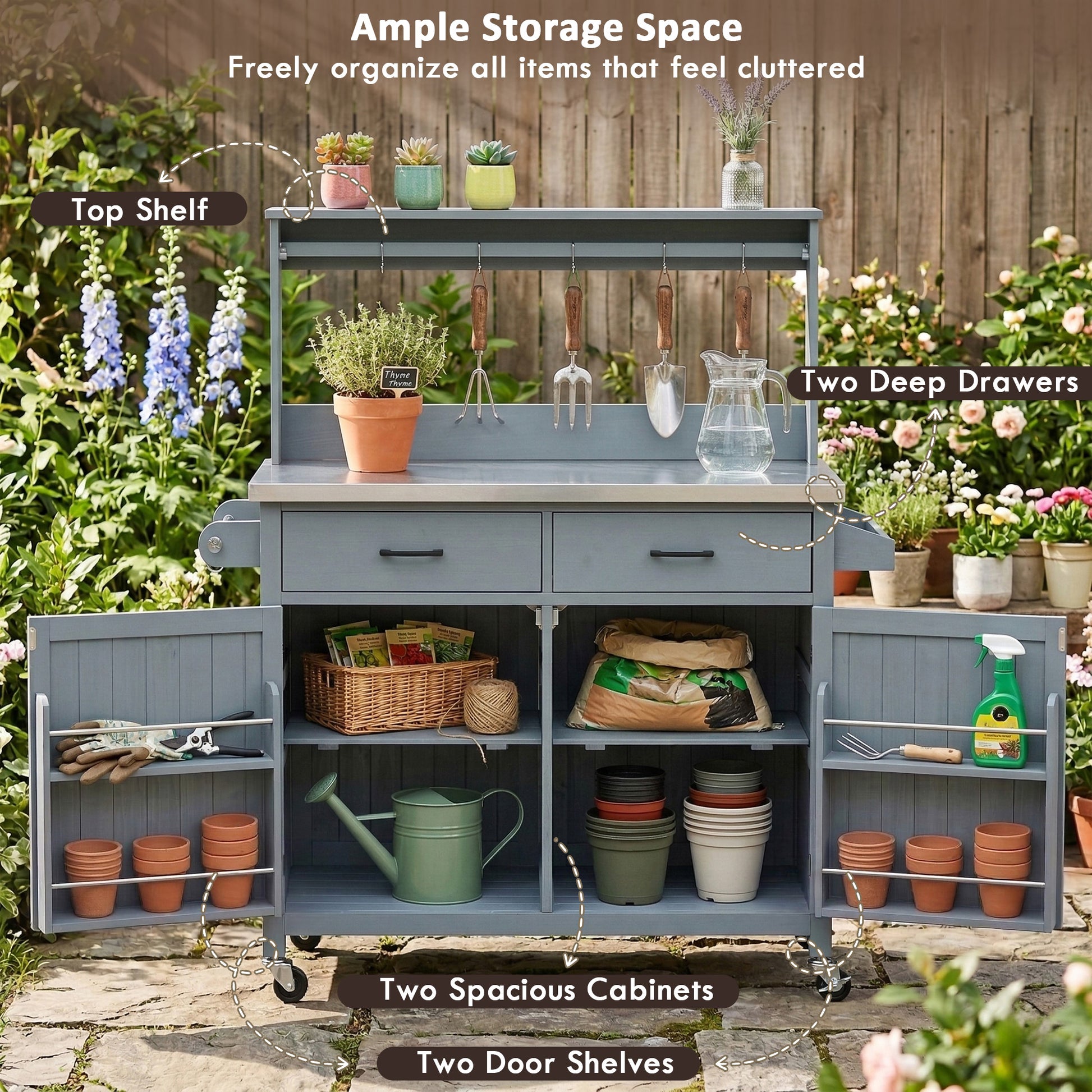 K&K 54.1  Outdoor Kitchen Island With High Shelf, Large Outdoor Potting Bench Table With Stainless Steel Top And Storage Cabinet, Solid Wood Grill Cart With Lockable Wheels For BBQ, Garden, Grey Blue