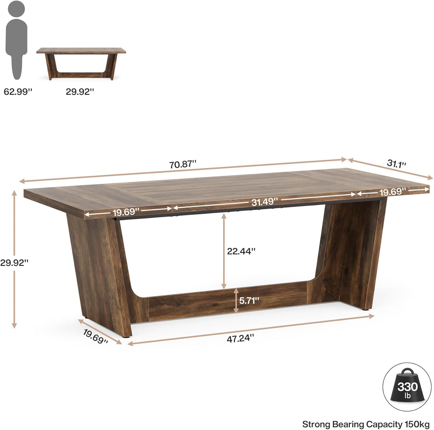 70.87-Inch Executive Computer Desk: Large Home Office Desk With Solid Wooden Pedestal, Industrial Wood Study Writing Table