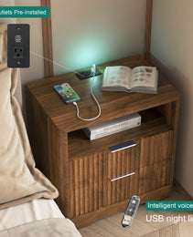 Nightstand With Charging Station, Smart Nightstand With Night Light,Bedside Tables With Storage Cabinet For Bedroom, Wood
