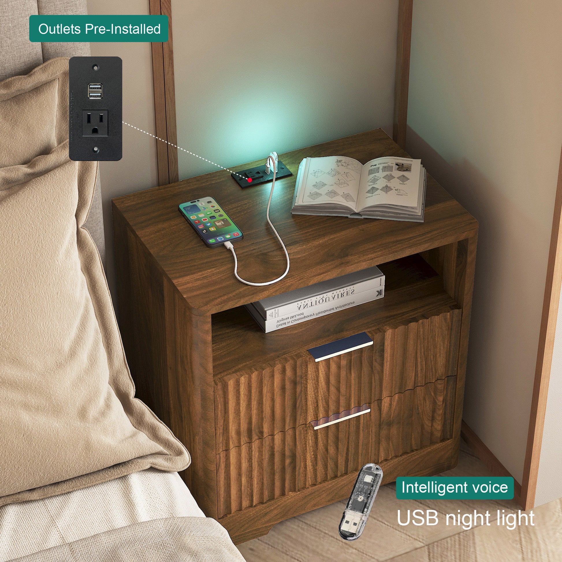 Nightstand With Charging Station, Smart Nightstand With Night Light,Bedside Tables With Storage Cabinet For Bedroom, Wood