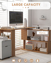 360° Rotating Home Office Desk L Shaped Corner Computer Desk with Storage Shelves, Writing Table Workstation, Teak