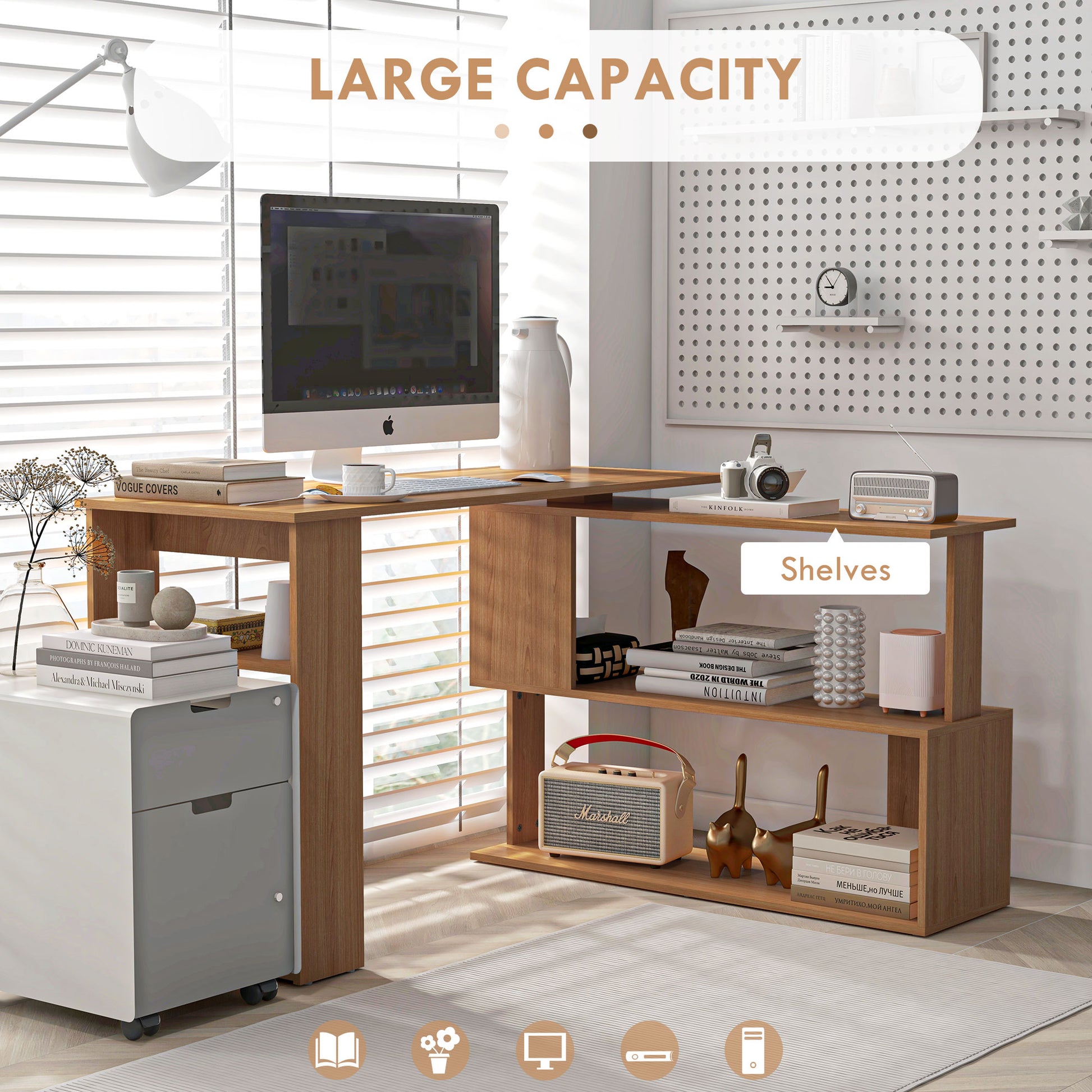360° Rotating Home Office Desk L Shaped Corner Computer Desk with Storage Shelves, Writing Table Workstation, Teak