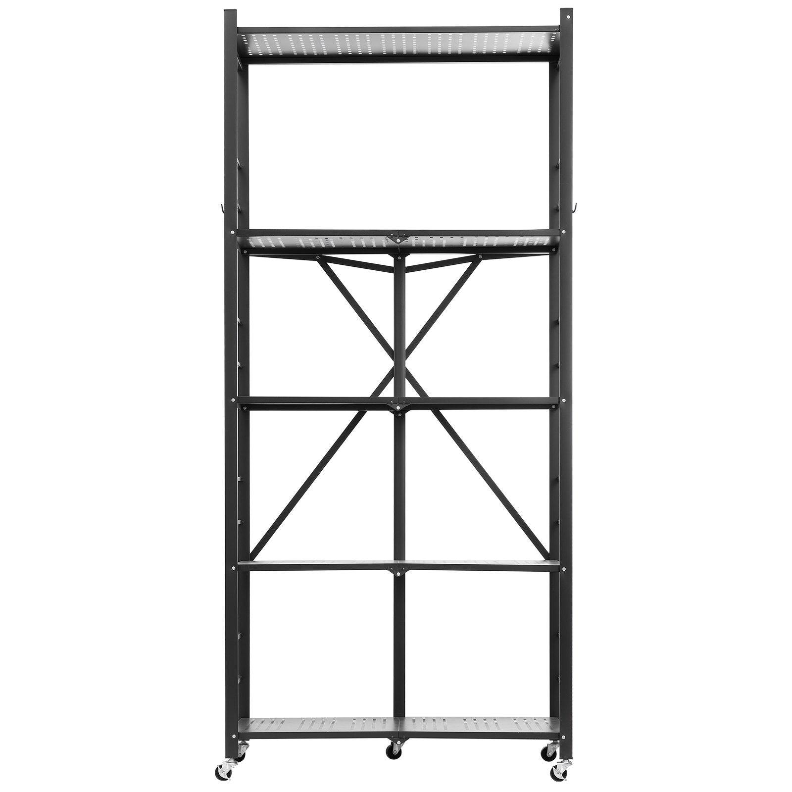 5-Tier Foldable Storage Shelf, 32W X 14D X 72H Inch Folding Metal Rack Shelving Unit, No Assembly Organizer Shelf With 5 Wheels & 4 Hooks For Pantry, Kitchen, Garage, Basement, Black
