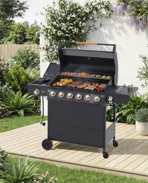 6 Burner BBQ Propane Gas Grill With Side Burner 72000 BTU Output Stainless Steel Barbecue Grill With Cast Iron Grates And Side Tables For Outdoor Cooking Kitchen And Patio Backyard.