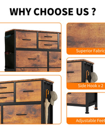 10-Drawer Dresser With Side Pocket & Hooks, Storage Cabinet With Wood Top For Bedroom Closet Organization