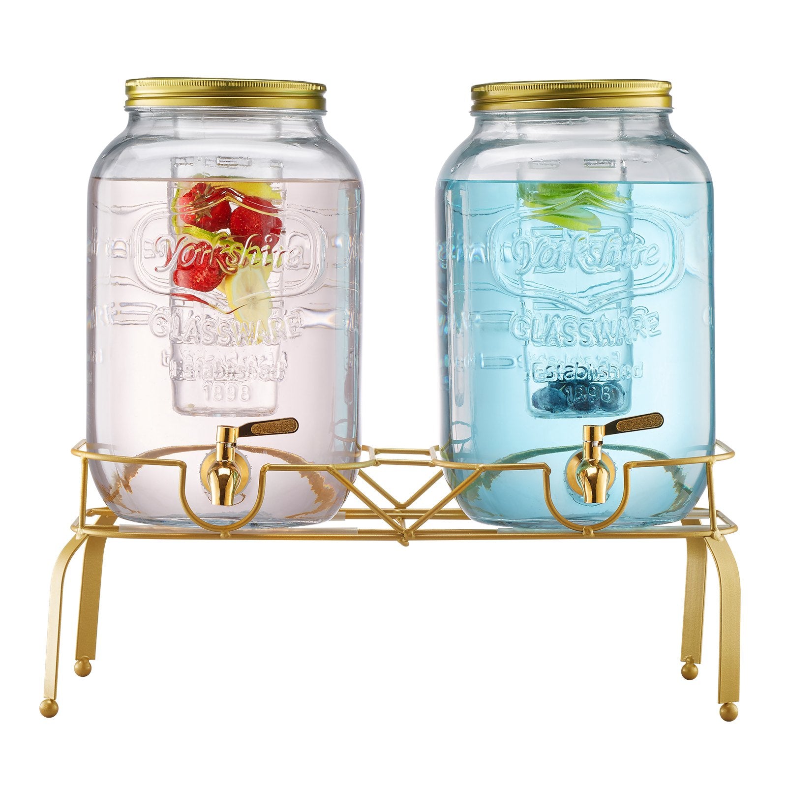 Beverage Dispenser, 2 Pack 2 Gallon Drink Dispensers For Parties, Glass Juice Dispenser With Metal Stand, Stainless Steel Spigot, Infuser, Iced Tea Lemonade Juice Water Dispensers For Parties