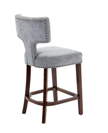 Mid Century Modern Counter Height Bar Stools Set Of 2, Farmhouse Linen Fabric Upholstered Accent Chair Curved Backrest With Copper Nails Around,Kitchen Chairs With Hardwood Frame, Gray