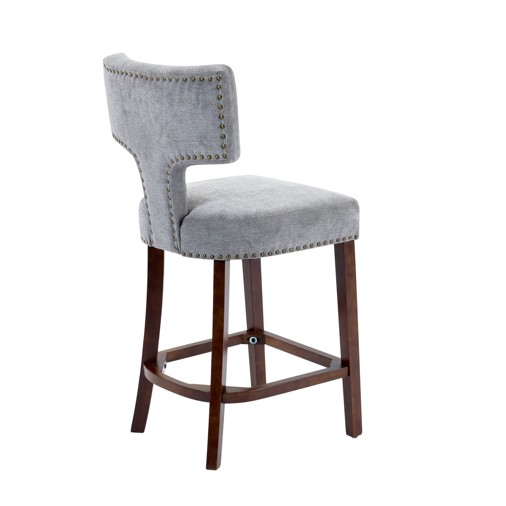 Mid Century Modern Counter Height Bar Stools Set Of 2, Farmhouse Linen Fabric Upholstered Accent Chair Curved Backrest With Copper Nails Around,Kitchen Chairs With Hardwood Frame, Gray