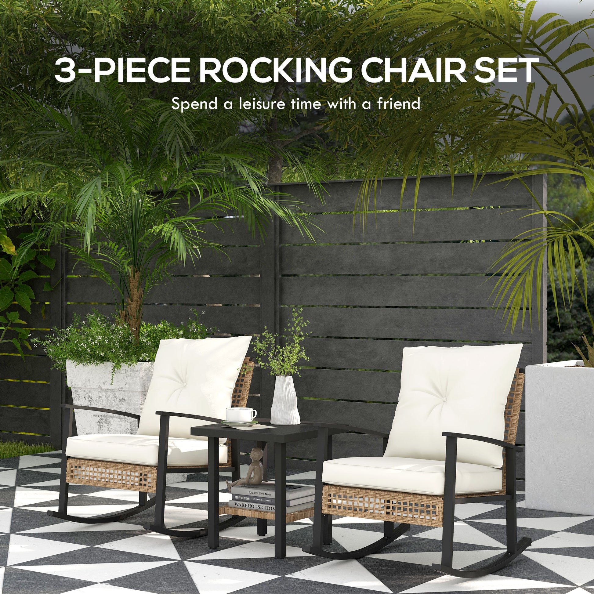 3 Pieces Bistro Set, Patio Wicker Furniture Set with Button Tufted Cushions, Rattan Rocking Chairs, Coffee Table, White