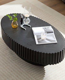Modern Handcraft Drum Coffee Table Length 43.7 Inch Ellipse Coffee Table For Living Room,Oval Small Coffee Table With Sturdy Pedestal,Black MDF