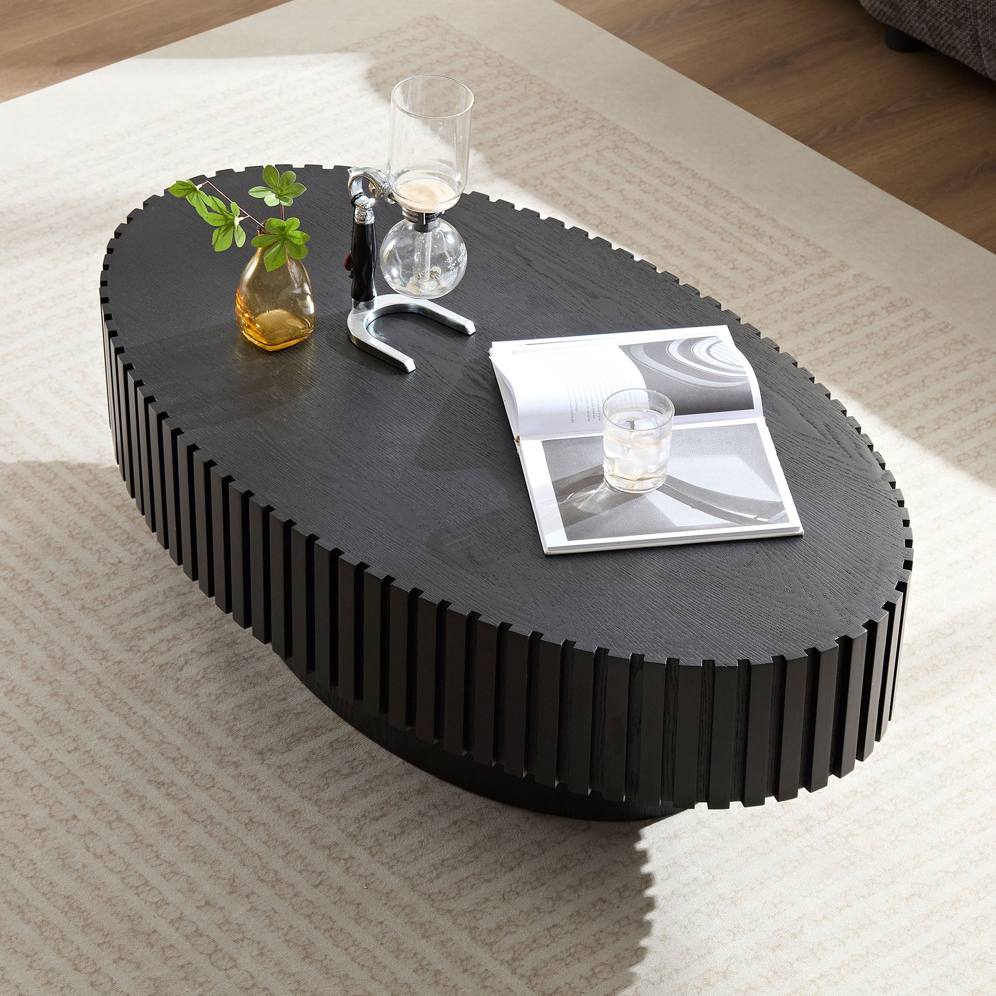 Modern Handcraft Drum Coffee Table Length 43.7 Inch Ellipse Coffee Table For Living Room,Oval Small Coffee Table With Sturdy Pedestal,Black MDF