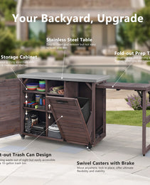 K&K 78.3  Outdoor Kitchen Island With Foldable Grill Table, Wooden Outdoor Grill Cart With Trash Can Storage & Stainless Steel Top, Outdoor Bar Cart, Pizza Oven Table For Lawn & Garden, Dark Brown