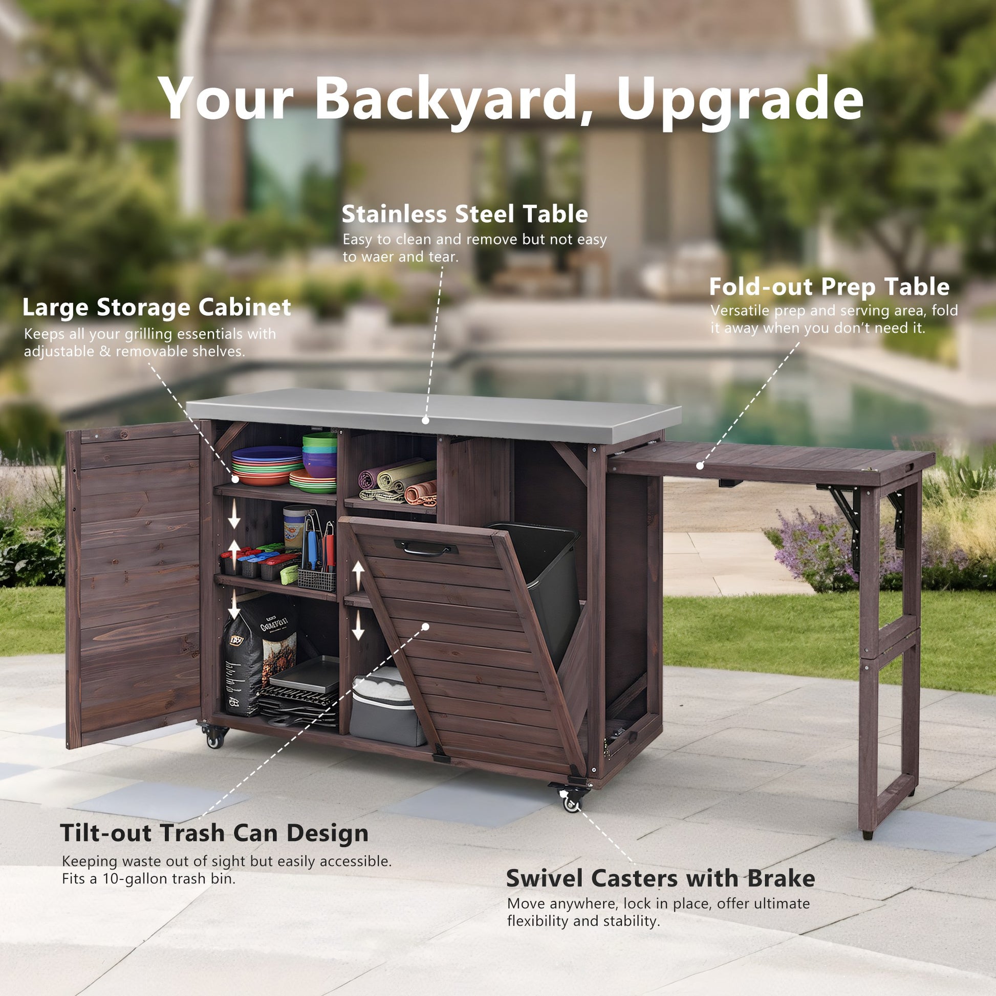 K&K 78.3  Outdoor Kitchen Island With Foldable Grill Table, Wooden Outdoor Grill Cart With Trash Can Storage & Stainless Steel Top, Outdoor Bar Cart, Pizza Oven Table For Lawn & Garden, Dark Brown