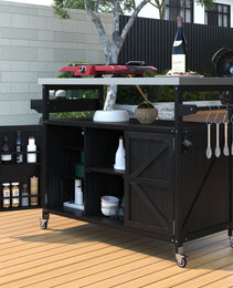 K&K Outdoor Kitchen Island, Rolling Bar Cart & Storage Cabinet, Farmhouse Solid Wood Outdoor Grill Table With Stainless Steel Top, Spice Rack , Towel Rack For Kitchen & Barbecue, Black