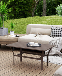 Outdoor Coffee Table with Slatted Tabletop, All-Weather Rectangle Metal Patio Coffee Table for Garden, Brown