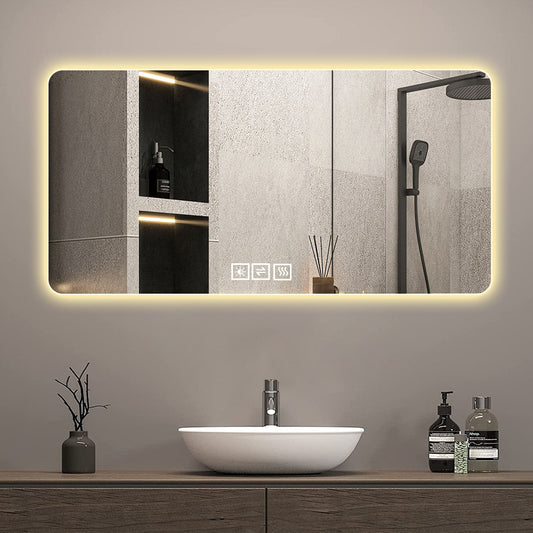 28x60in Frameless With Light LED Bathroom Mirror, Corrosion-resistant, Three-color Dimmable, Backlit Mirror With One-touch Demist Function