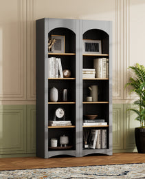 ON-TREND Free Standing 5 Tier Bookshelves, Bookcases Set Of 2, Farmhouse Two-Tone Storage Cabinet With Adjustable Shelves, Modern 72H Kitchen Pantry Cabinet For Living Room, Home Office, Grey