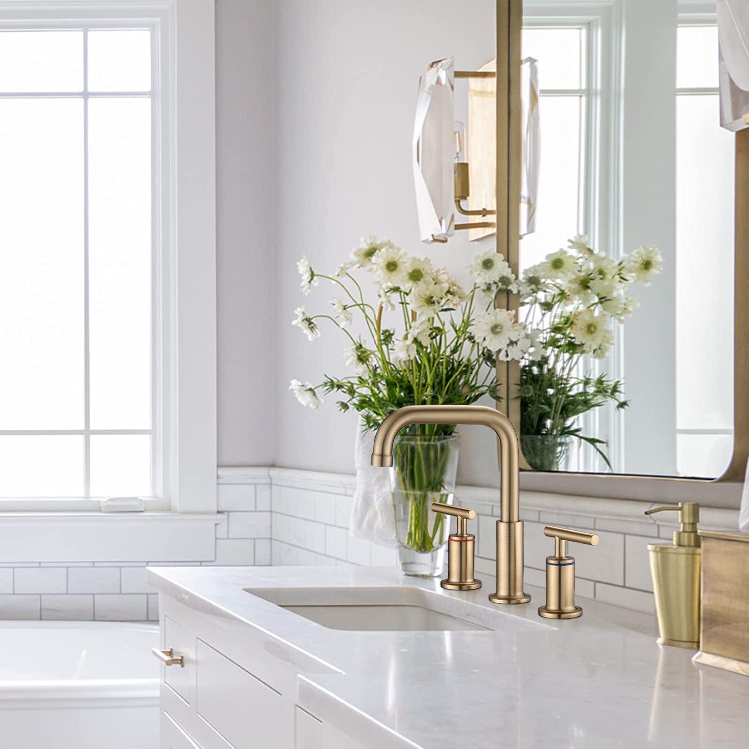 8 In. Widespread Double Handle Bathroom Faucet With Up Drain In Brushed Gold
