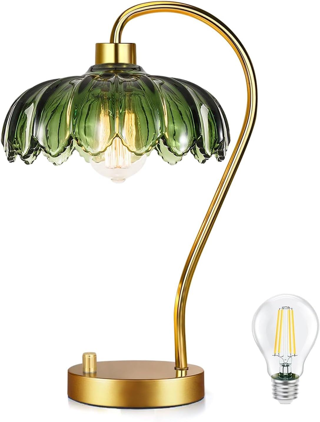 Flower Table Lamp for Bedroom Living Room,Small Gold Bedside Lamps Dimmable Boho Bedroom Lamp with Glass Green Lamp Shade,Vintage Mid Century Modern Mini Nightstand Lamp