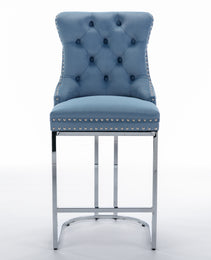 26  Counter Height Bar Stools Set Of 2, Modern Velvet Barstools With Button Back&Rivet Trim Upholstered Kitchen Island Chairs With Sturdy Chromed Metal Base Legs Farmhouse Bar Stools,Light Blue,2 Pack