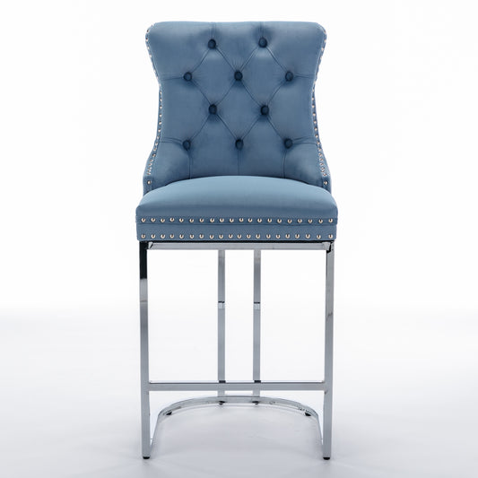 26  Counter Height Bar Stools Set Of 2, Modern Velvet Barstools With Button Back&Rivet Trim Upholstered Kitchen Island Chairs With Sturdy Chromed Metal Base Legs Farmhouse Bar Stools,Light Blue,2 Pack