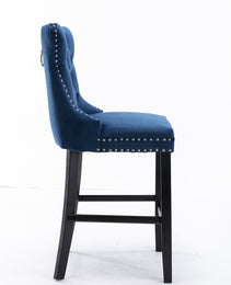 Contemporary Velvet Upholstered Barstools With Button Tufted Decoration And Wooden Legs, And Chrome Nailhead Trim, Leisure Style Bar Chairs,Bar Stools, Set Of 2 Blue,SW2002BL