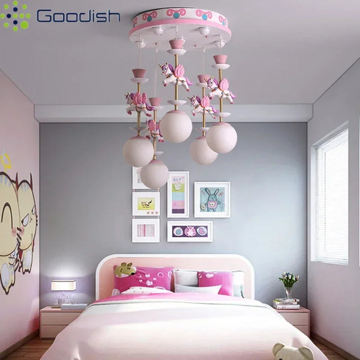Industrial Vintage Princess Lovely Art High-end Carousel Unicorn LED Home Ceiling Lights Lamps for Bedroom Decoration Chandelier