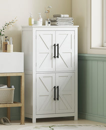 Bathroom Floor Storage Cabinet, Farmhouse Bathroom Cabinet with 4 Doors and Adjustable Shelf, White