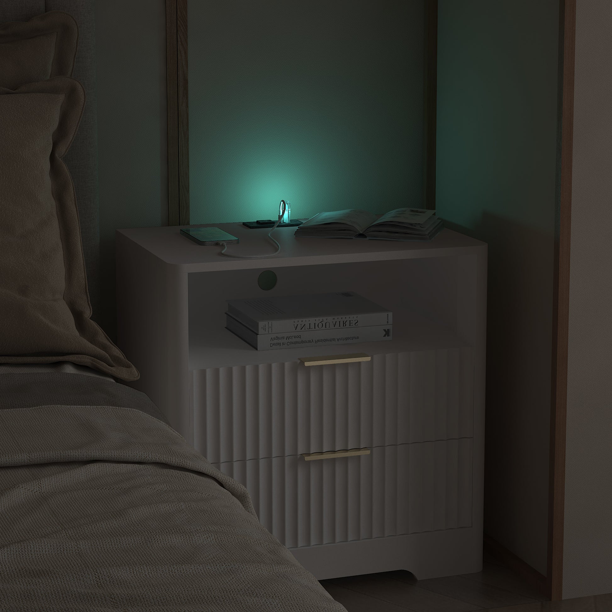 Nightstand With Charging Station, Smart Nightstand With Night Light,Bedside Tables With Storage Cabinet For Bedroom