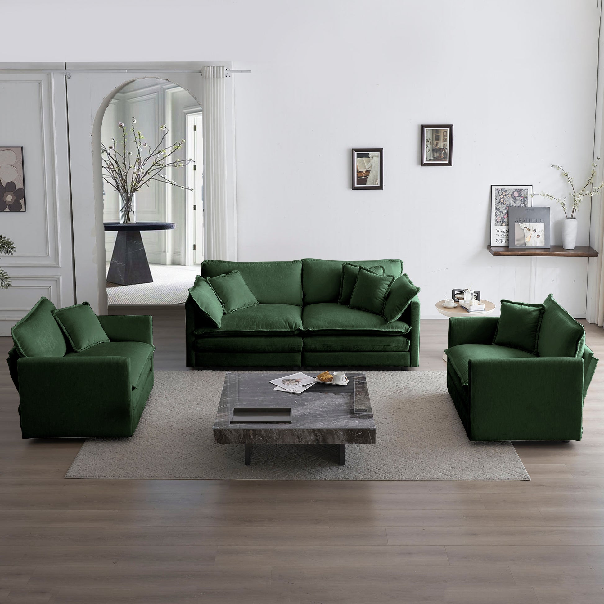 3 Piece Sofa Set With Arm Pillows And Toss Pillows , Sofa Set Include 2- Piece Of Arm Chair And One 2-seat Sofa, Space Saving Casual Sofa Set For Living Room, Green Chenille