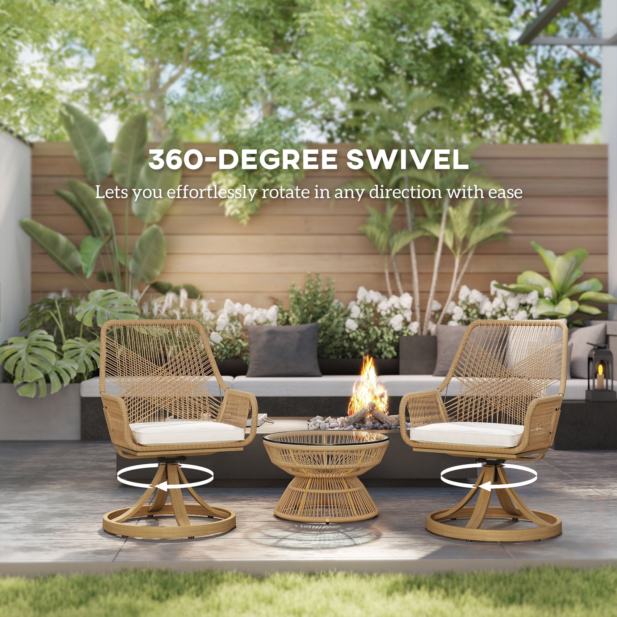 Patio Swivel Chairs Set Of 2, Rattan Patio Dining Chairs With Soft Cushions For Backyard, Lawn, Porch, Or Garden, Khaki