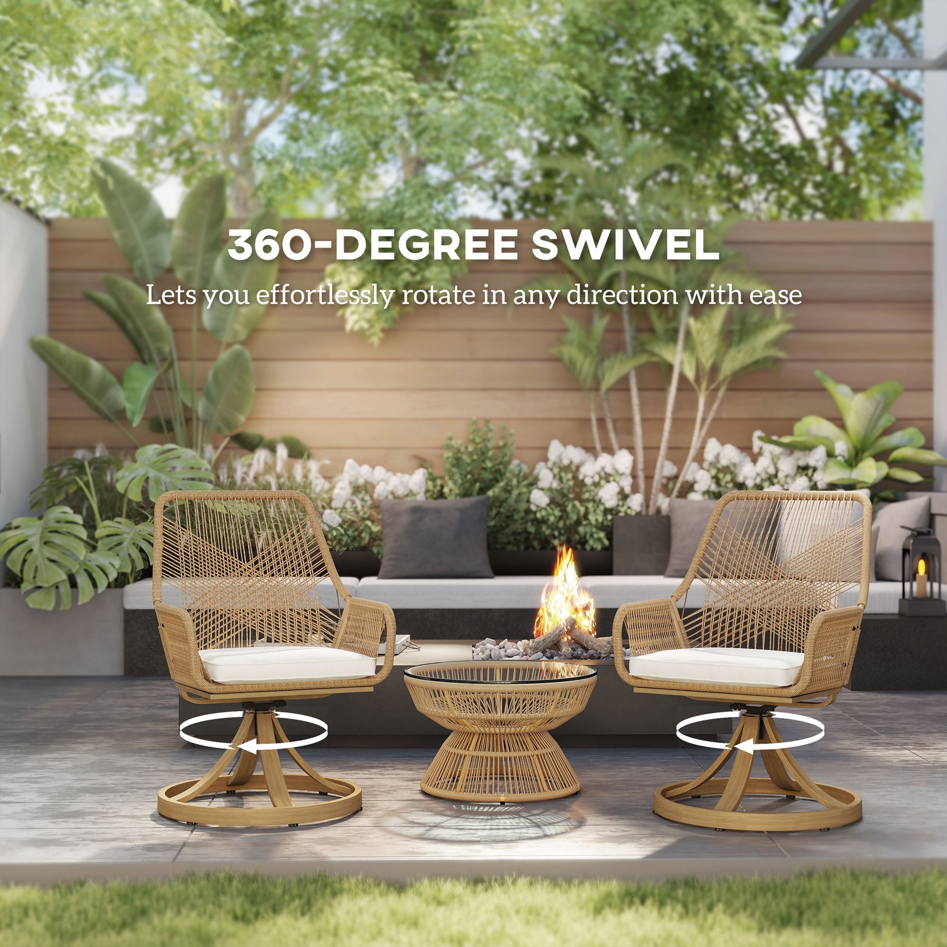 Patio Swivel Chairs Set Of 2, Rattan Patio Dining Chairs With Soft Cushions For Backyard, Lawn, Porch, Or Garden, Khaki