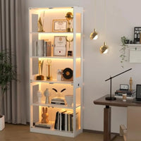 80'' Display Cabinet with Glass Door for Living Room, Tempered Glass and Wood, Black, Adjustable Shelves and LED Lighting