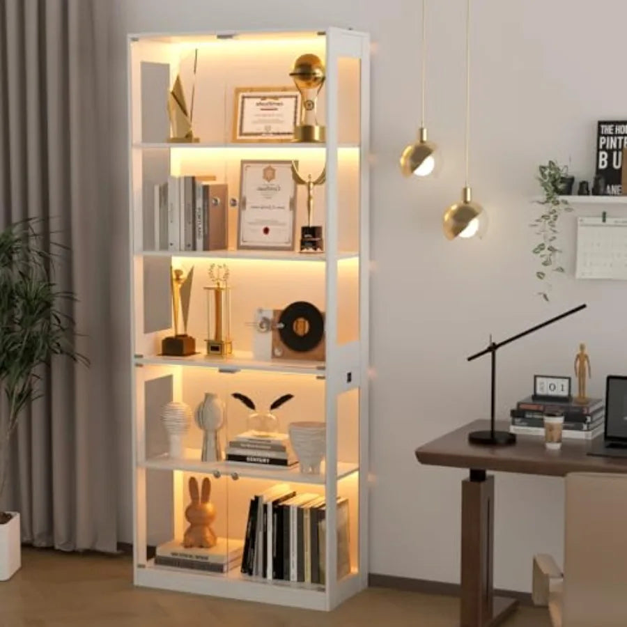 80'' Display Cabinet with Glass Door for Living Room, Tempered Glass and Wood, Black, Adjustable Shelves and LED Lighting