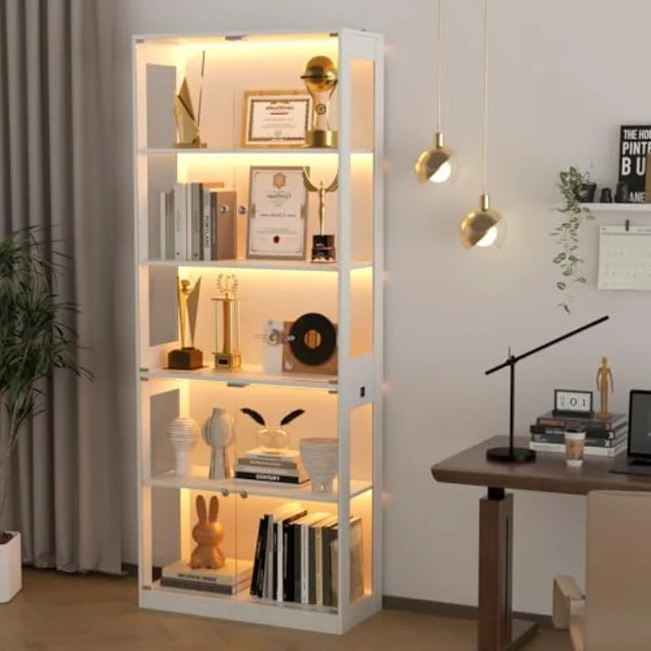 80'' Display Cabinet with Glass Door for Living Room, Tempered Glass and Wood, Black, Adjustable Shelves and LED Lighting