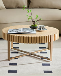 Modern Handcraft Drum Coffee Table 31.5 Inch Round Coffee Table For Living Room,Small Coffee Table With Sturdy Pedestal,Natural Ash
