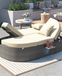 TOPMAX Outdoor Sun Bed Patio 2-Person Daybed With Cushions And Pillows, Rattan Garden Reclining Chaise Lounge With Adjustable Backrests And Foldable Cup Trays For Lawn, Poolside, Beige