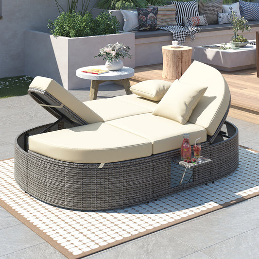 TOPMAX Outdoor Sun Bed Patio 2-Person Daybed With Cushions And Pillows, Rattan Garden Reclining Chaise Lounge With Adjustable Backrests And Foldable Cup Trays For Lawn, Poolside, Beige