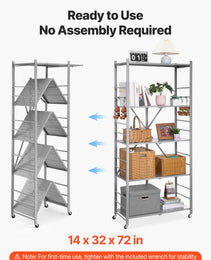 5-Tier Foldable Storage Shelf, 32W X 14D X 72H Inch Folding Metal Rack Shelving Unit, No Assembly Organizer Shelf With 5 Wheels & 4 Hooks For Pantry, Kitchen, Garage, Basement, Grey