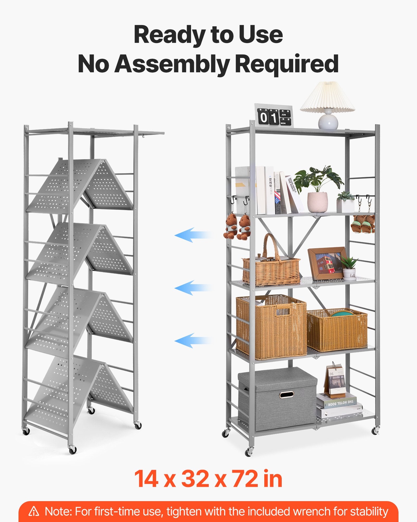 5-Tier Foldable Storage Shelf, 32W X 14D X 72H Inch Folding Metal Rack Shelving Unit, No Assembly Organizer Shelf With 5 Wheels & 4 Hooks For Pantry, Kitchen, Garage, Basement, Grey
