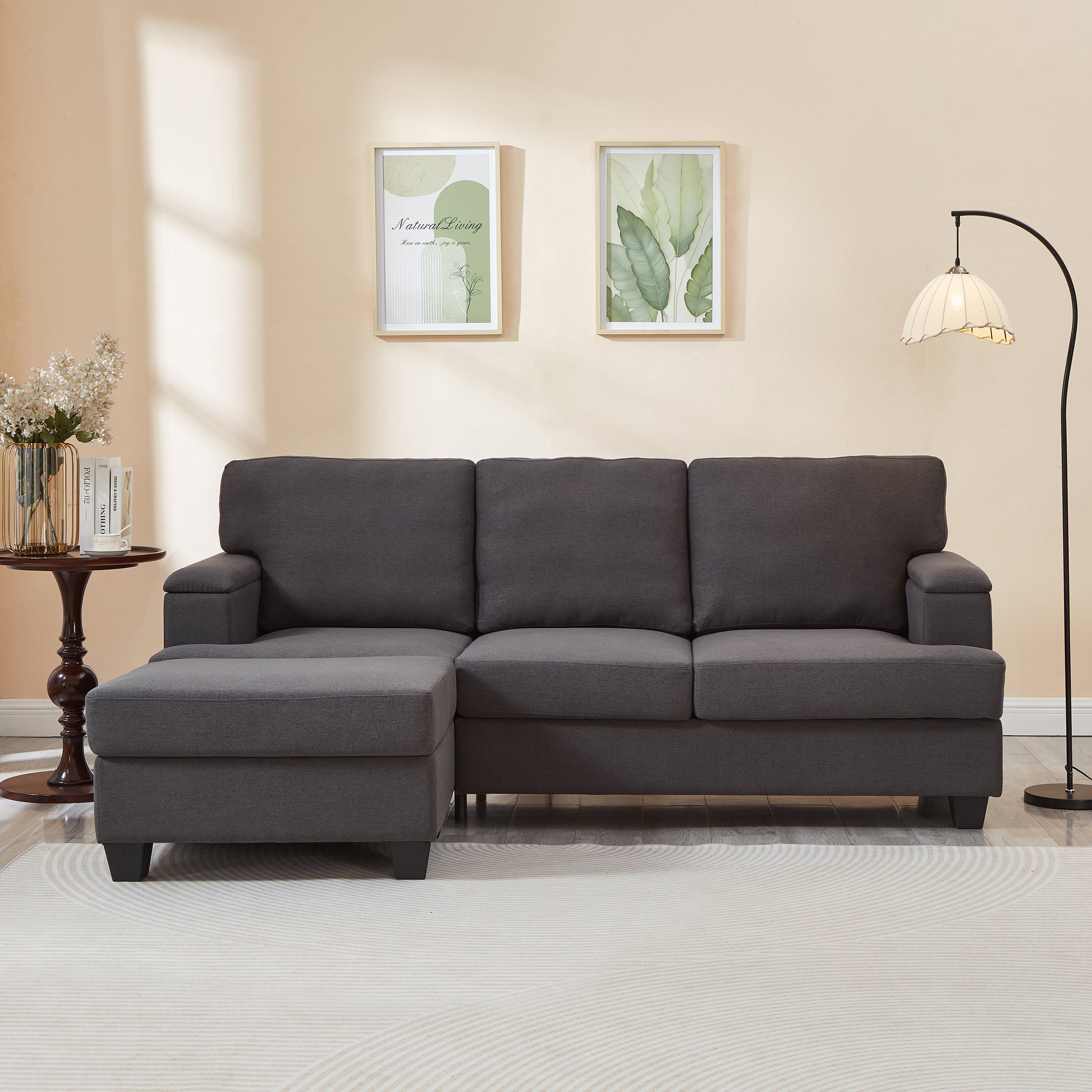86'' L Shaped Couch With Armrest Organizer,3 Seats Sofas With Movable Ottoman,Comfy Sectional Sofa With Thick Cushion,Linen Sectional Couches For Living Room,Bedroom,Apartment,Dark Gray