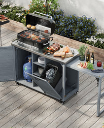 K&K 78.3  Outdoor Kitchen Island With Foldable Grill Table, Wooden Outdoor Grill Cart With Trash Can Storage & Stainless Steel Top, Outdoor Bar Cart, Pizza Oven Table For Lawn & Garden, Grey Blue